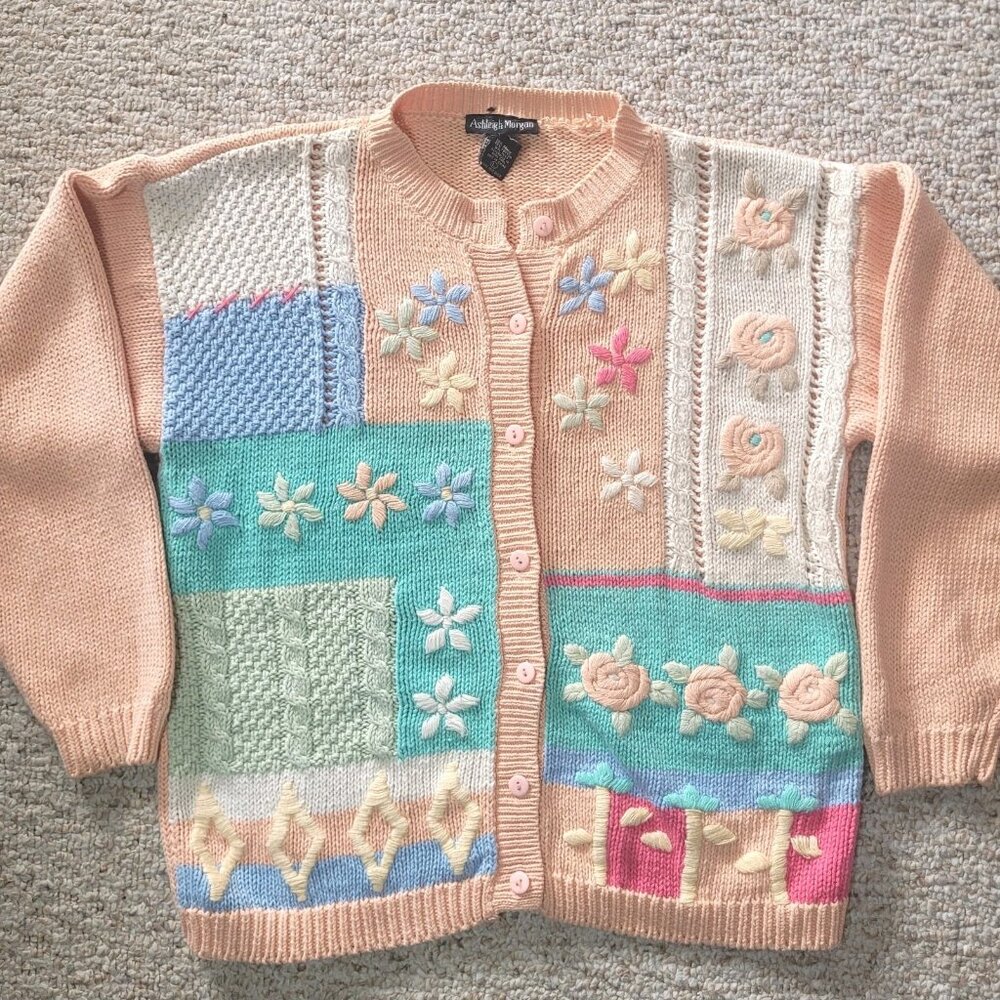 Vintage Ashleigh Morgan Sweater Women's Size Large Cardigan Floral 80s 90s